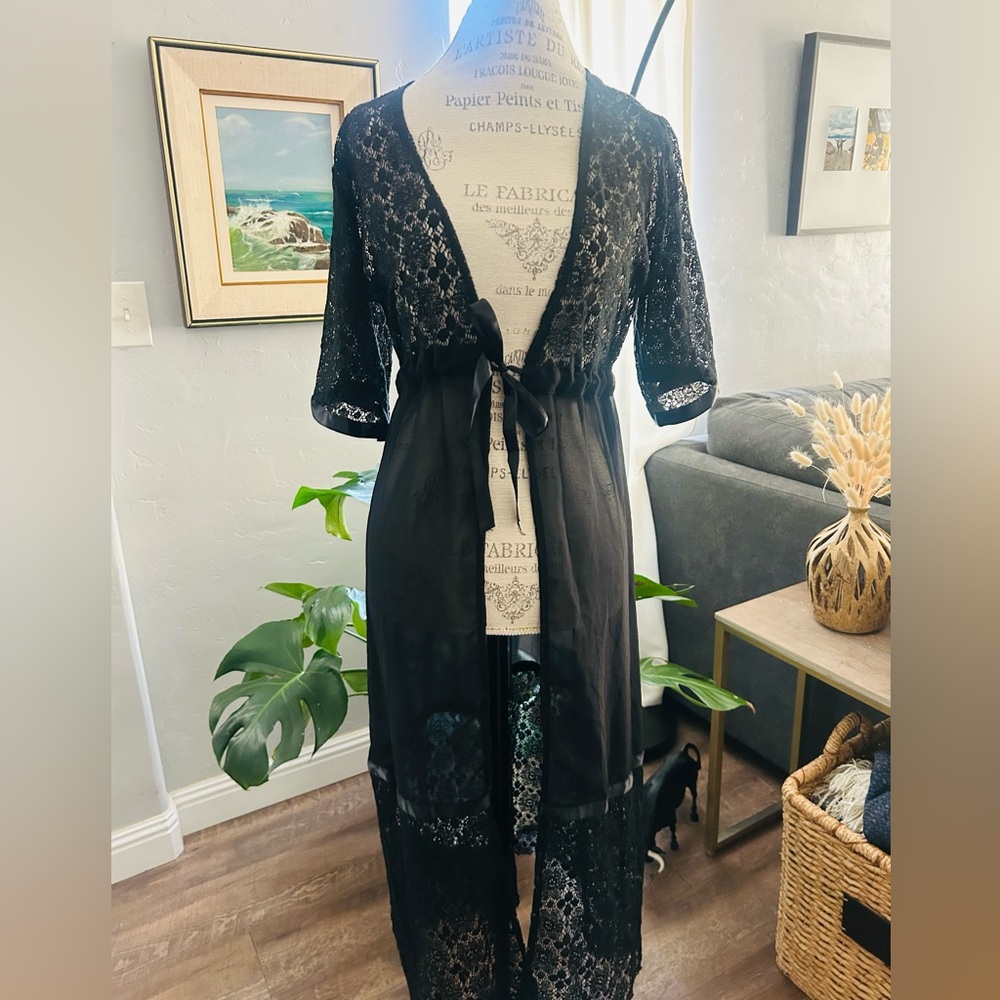 black lace kimono-style lingerie robe or beach cover-up